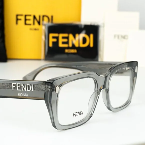 Fendi ROMA Men Eyeglasses Transparent Grey Rectangular FE50094I 020 BRAND NEW